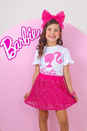 Conjunto Infantil Barbie Girl Blusa e Saia com Paetês Roupa da