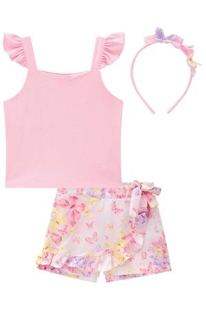 Imagem de Conjunto Infantil Blusa Boxy em Canelado Maui e Shorts-saia em Viscose Borboletas Acompanha Tiara Princess by Infanti