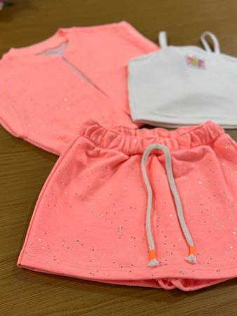 Imagem de Conjunto Infantil Cinti Verão Shorts Saia, Top e Colete Laranja Brilho