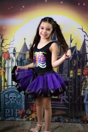 Imagem de Conjunto Infantil Fantasia Body e Saia de Tule Halloween Dia das Bruxas Esqueleto Colorido