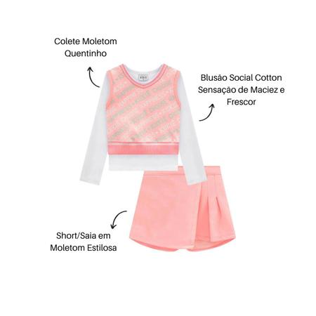 Imagem de Conjunto Infantil Hapiness Blusa Cotton Colete E Short Saia Em Moletom Menina Conforto