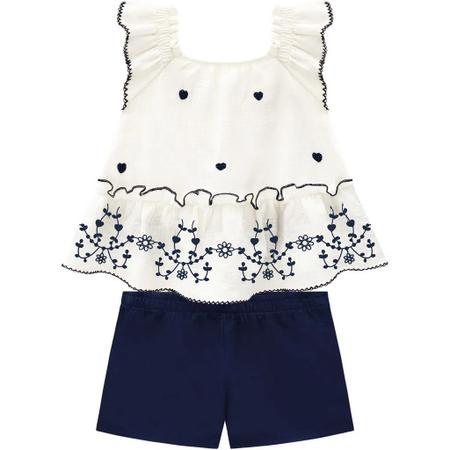 Imagem de Conjunto Infantil Menina Milon Branco Azul Blusa leve Estampa Floral Short Elástico na Cintura