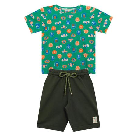 Imagem de Conjunto Infantil Menino, Camiseta Em Cotton Verde Com Estampa De Macaco E Bermuda Moletinho Verde Militar