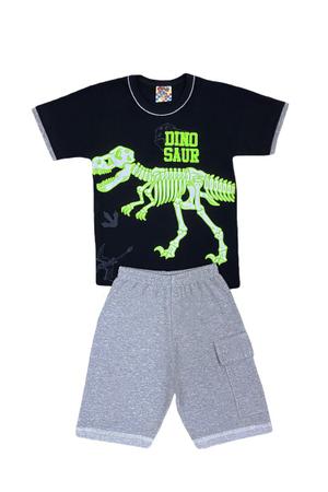 Imagem de Conjunto Infantil Menino Camiseta Preta Dino e Bermuda Moletinho Mescla - Pituki