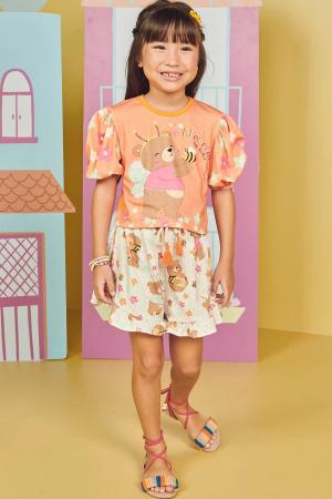 Imagem de Conjunto Infantil Ursa Cropped Manga Bufante E Short Babado