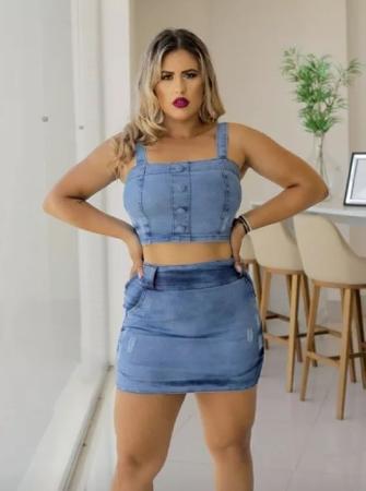 Conjunto jeans feminino saia sales e blusa