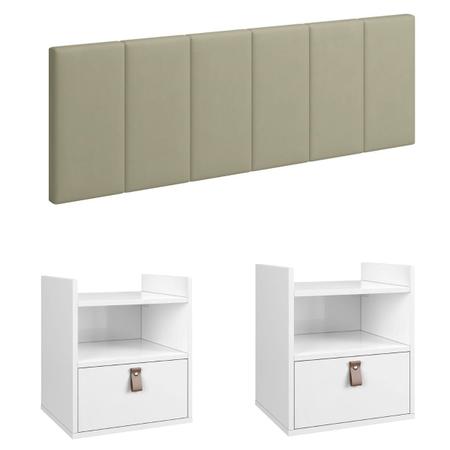 Conjunto Kit 2 Mesinhas Flow Suspensa/Pés Gaveta Nicho+ Cabeceira Estofada 1,40 Casal - Casa Decorada Imagem de Conjunto Kit 2 Mesinhas Flow Suspensa/Pés Gaveta Nicho+ Cabeceira Estofada 1,40 Casal