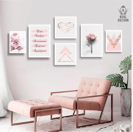 Conjunto kit 6 quadros decorativos rose feminino floral quarto