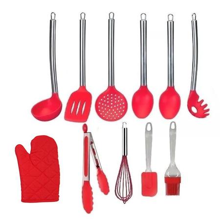 Imagem de Conjunto Kit Colheres De Silicone Cabo Inox Utensílios Vermelho 11 peças