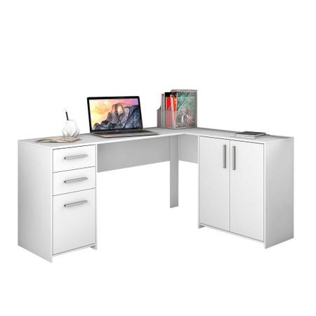 Imagem de Conjunto Kit Escritório Mesa Escrivaninha Em L e Armário Estante 2 Portas Com Chave 3 Nichos Branco
