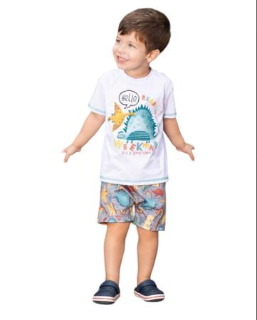 Conjunto Bebê Camiseta Branca Dino e Bermuda (P/M/G) para Bebê