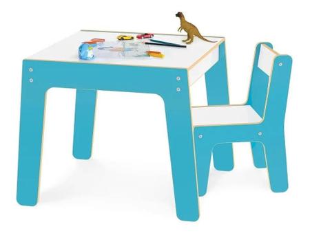Imagem de Conjunto Mesa + 1 Cadeira Infantil Azul Junges Didática Super Resistente Em Madeira MDF 991