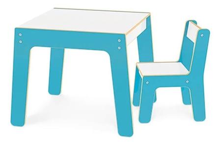 Imagem de Conjunto Mesa + 1 Cadeira Infantil Azul Junges Didática Super Resistente Em Madeira MDF 991