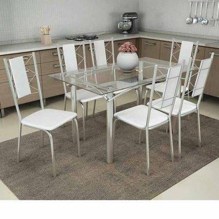 Imagem de Conjunto: Mesa de Cozinha Elba c/ Tampo Vidro 140cm + 6 Cadeiras Lisboa Cromada/Branco - Kappesberg