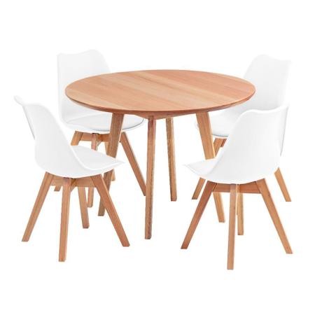 Imagem de Conjunto Mesa de Jantar Redonda Vértice 105cm Natural com 4 Cadeiras Leda em Madeira Maciça - Branco