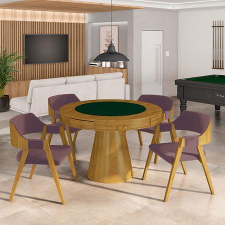 Imagem de Conjunto Mesa de Jogos Carteado Bellagio Tampo Reversível e 4 Cadeiras Madeira Poker Base Cone Veludo Rosê/Mel G42 - Gran Belo