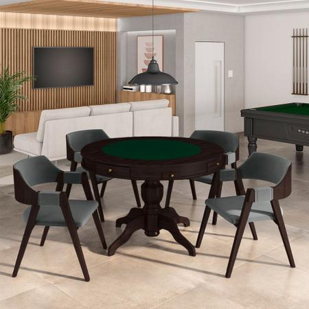 Imagem de Conjunto Mesa de Jogos Carteado Bellagio Tampo Reversível e 4 Cadeiras Madeira Poker Base Estrela Veludo Cinza/Tabaco G42 - Gran Belo