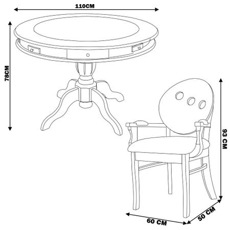 Imagem de Conjunto Mesa e Poltrona de Jogos Carteado 4 Lugares J-Bonomo e Teseu Redonda Tampo Reversível com Gavetas e Porta Copos Imbuia G08 G42 - Gran Belo