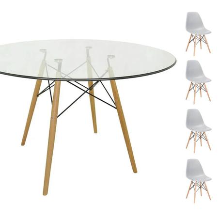 Imagem de Conjunto Mesa Eames Eiffel Redonda Vidro 90cm + 4 Cadeiras Eames DSW - Cinza