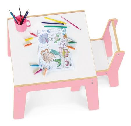 Imagem de Conjunto Mesa Infantil Em Madeira Com Cadeira Rosa Mesinha Didatica - Junges