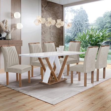 Imagem de Conjunto Mesa Manuela 160cm com 6 Cadeiras Arizona Tampo Dakota Plus com Vidro Chocolate/Off White/Veludo Bege Claro