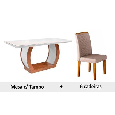 Imagem de Conjunto: Mesa Sala Jantar Jade c/ Tampo Madeirado c/ Vidro Canto Reto 180cm + 6 Cadeiras Jade Imbuia/OW/Creme - Rufato