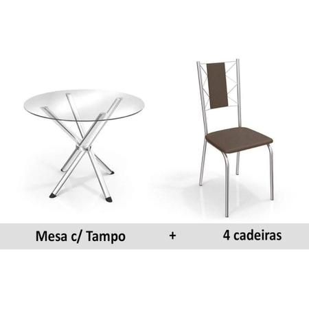 Imagem de Conjunto: Mesa Sala Jantar Volga c/ Tampo Vidro 95cm + 4 Cadeiras Lisboa Cromado/Courano Marrom - Kappesberg