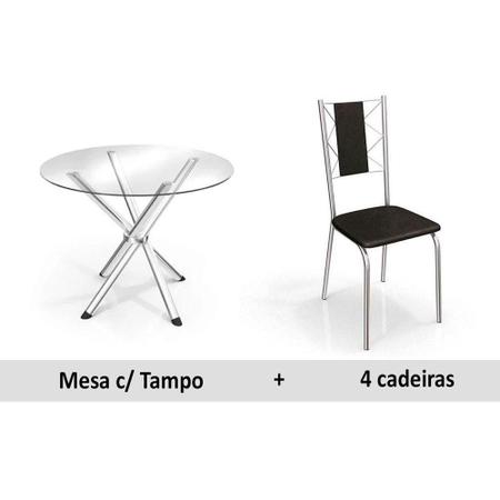Imagem de Conjunto: Mesa Sala Jantar Volga c/ Tampo Vidro 95cm + 4 Cadeiras Lisboa Cromado/Courano Preto - Kappesberg