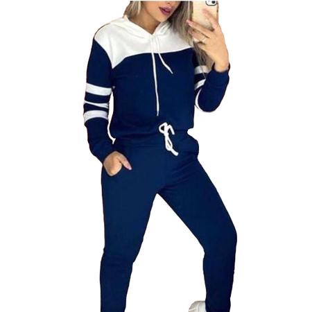 Imagem de Conjunto Moletom Feminino Inverno Frio Malha Crepe com Capuz Azul Marinho M G e GG