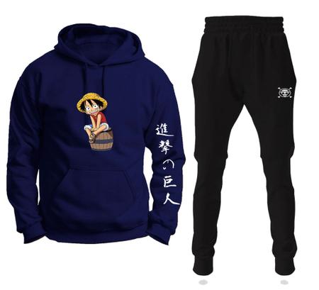 Imagem de Conjunto Moletom Infantil e Adulto Monkey Luffy One Piece Barril com Capuz Blusa + Calça - Azul