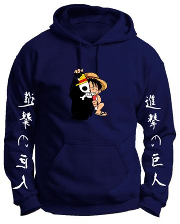 Imagem de Conjunto Moletom Infantil e Adulto Monkey Luffy One Piece Capa com Capuz Blusa + Calça - Azul