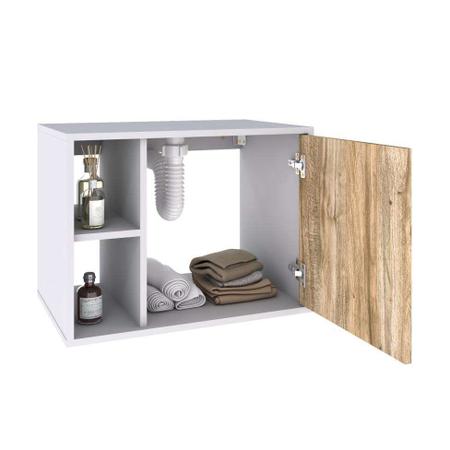 Imagem de Conjunto para Banheiro Gabinete com Cuba Q32 e Espelheira Soft 600  Branco com Carvalho
