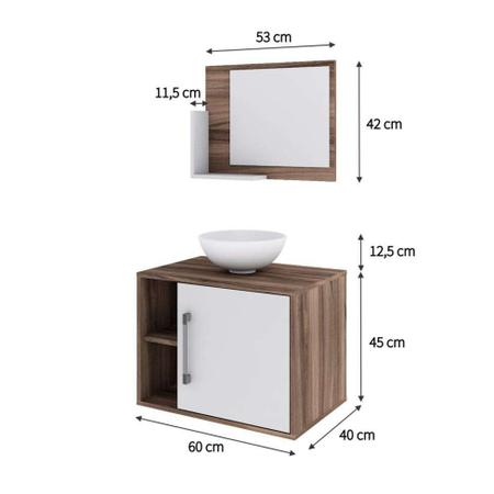 Imagem de Conjunto para Banheiro Gabinete com Cuba Redonda R30 e Espelheira Soft 600  Nogal com Branco