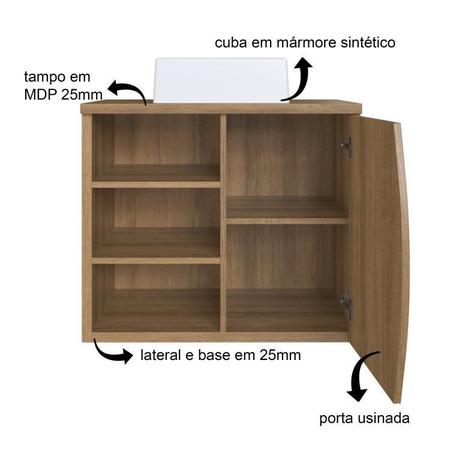 Imagem de Conjunto para Banheiro Gabinete Supenso 70cm com Cuba e Espelheira 1 Porta 3 Nichos Laura Mel