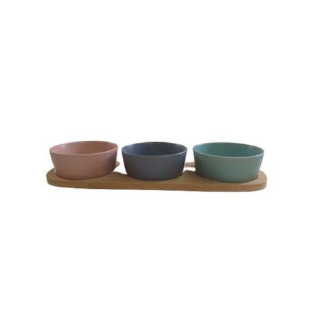 Imagem de Conjunto Petisqueira com bandeja de bambu 3 potes de cerâmica