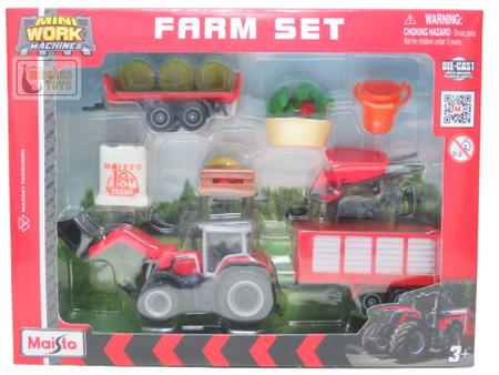 Imagem de Conjunto Playset Fazenda c/ Trator Massey Ferguson e Carretas - Mini Work Machines - 1/64 - Maisto