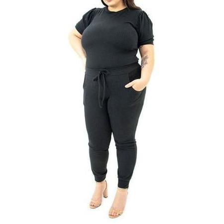 Imagem de Conjunto plus size feminino calça jogger e blusa manga curta princesa canelado