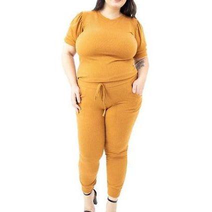 Imagem de Conjunto plus size feminino calça jogger e blusa manga curta princesa canelado
