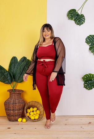 Imagem de Conjunto Plus Size Moda Feminina Blusa e Calça + Kimono em tule Roupas Femininas GG