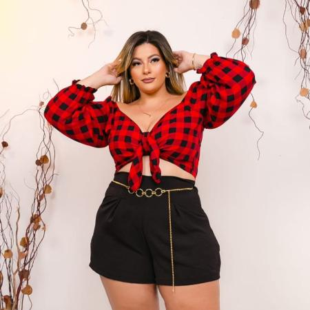 Imagem de Conjunto Plus Size Xadrez Cropped Manga e Short C Cinto 0483