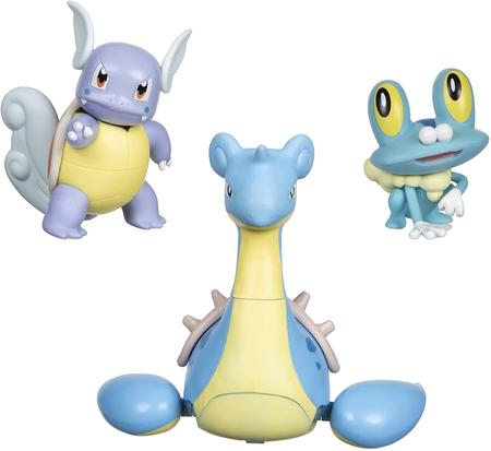 Conjunto Pokémons Água: Froakie, Wartortle, Lapras - 3 unidades