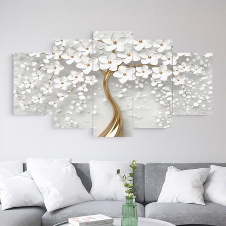 Imagem de Conjunto Quadro Decorativo Mosaico Com Foto Personalizado Árvore Flor Branca PVC Decoração para Sala de Jantar Quarto Casal