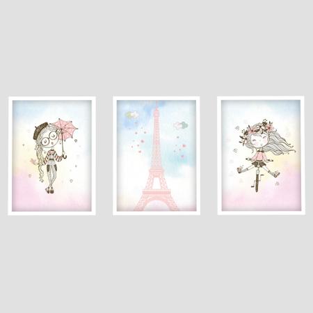 Imagem de Conjunto Quadros Decorativo 3 Peças Moldura e Vidro Quarto de Menina Infantil Torre Eiffel