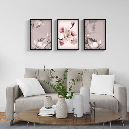 Imagem de Conjunto Quadros Decorativos 3 Peças Floral Moldura Vidro Sala Quarto Flores