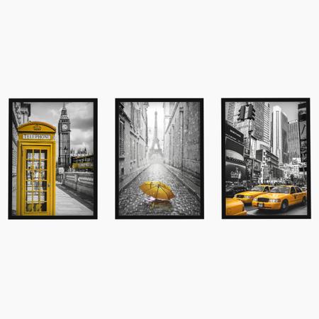 Imagem de Conjunto Quadros Grande 3 Peças Moldura Vidro Cidades Londres Paris Nova York Torre Eiffel Amarelo