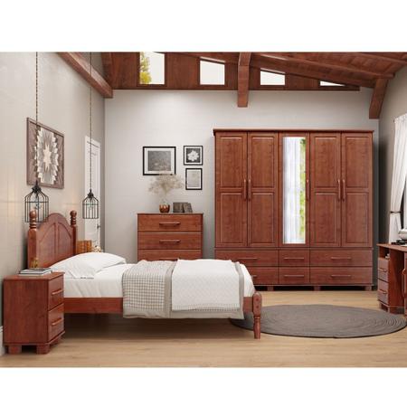 Imagem de Conjunto Quarto Linha Ouro Imbuia: Guarda-Roupa 05 Portas com Espelho, Cama Casal Queen 1,60cm 01 Cômoda 04 Gavetas, 02 Mesas de Cabeceiras Madeira Ma