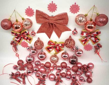 Conjunto Rose Gold Decoração Árvore Natal Bolas Pinhas