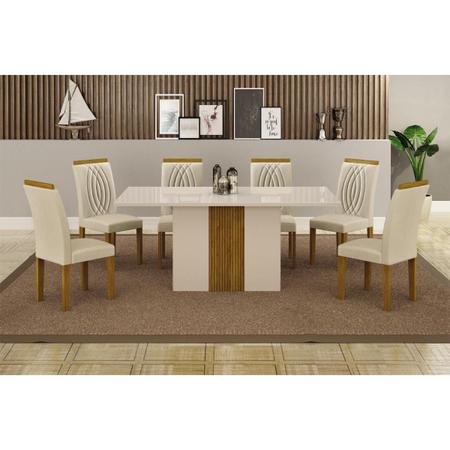Imagem de Conjunto Sala de Jantar 160x90cm Tampo MDF/Vidro com 6 Cadeiras Doha Veludo Palha Bordado - Leifer