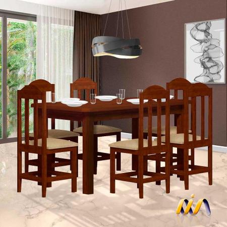 Conjunto Sala De Jantar Madeira Maciça Safira Com 6 Lugares Estofados Castanho Shop JM Imagem de Conjunto Sala De Jantar Madeira Maciça Safira Com 6 Lugares Estofados Castanho Shop JM