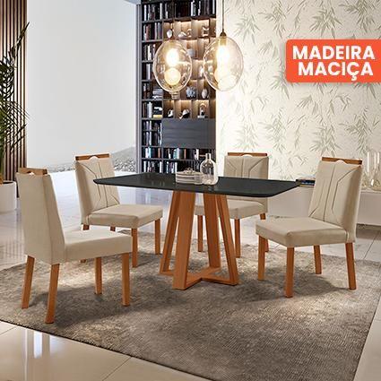 Imagem de Conjunto Sala de Jantar Mesa Floripa Madeira Maciça 140x80cm Tampo Retângular Vidro Preto com 4 Cadeiras Luna com Puxador Móveis Minas